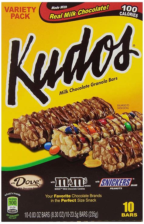 Kudos candy bar. Kudos was a milk chocolate granola cereal bar produced by Mars, Incorporated. When initially launched in 1986, there were three varieties: nutty fudge, chocolate … 