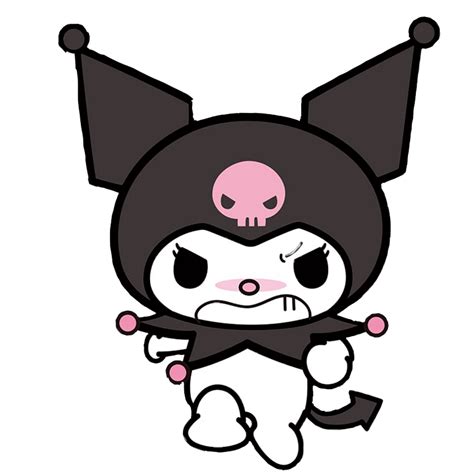 She is a white Rabbit-like creature, wearing a black Jester's hat with a pink Skull (symbolism) on the front and a black "devil" tail in the place of a normal rabbit's tail. Despite being a villian, Kuromi is mostly into food and even cooks some. Kuromi's appearance also looks similar to those of cartoon characters from the 1920s and 1930s.. 
