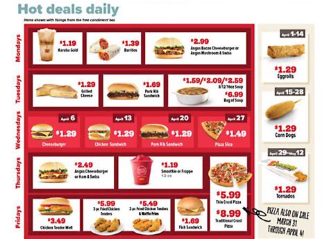 Kwik trip hot food menu. Hash Browns. $2.09+. Sausage Breakfast Burrito. A flour tortilla filled with scrambled eggs, breakfast sausage crumble, green and red peppers with cheddar cheese in a creamy cheese sauce. $3.29+. Tornados. Choose between cheesy pepper jack, French toast, sausage, egg and cheese, and steak & cheese. $1.99+. 