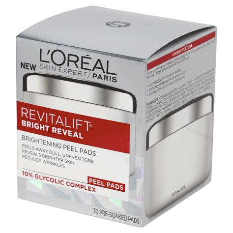 L'oreal revitalift bright reveal pads. Contains Glycerin, Contains Citric Acid, Contains Glycolic Acid, Dermatologist Tested for Saftey. Product Line. L'Oreal Revitalift Bright Reveal. UPC. 0071249315033. Active Ingredients. Glycolic Acid. Main Purpose. Early Signs of Aging, Wrinkles. 