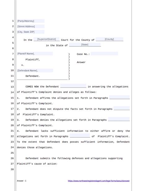 LAWSUIT ANSWER TO COMPLAINT Free Template and how to guide