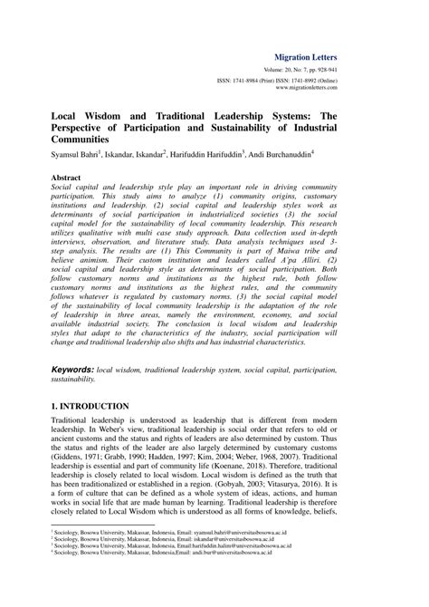 Local Wisdom and Traditional Leadership Systems: The - wintechmobiles.com