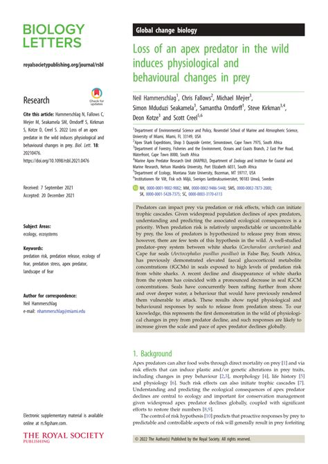 Loss of an apex predator in the wild induces physiological and ... - raincitystudios.com