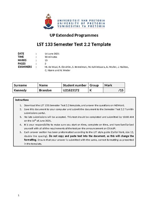 LST 133 Semester Test 2.2 Template UP Extended Programmes LST 133