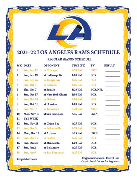 La Rams Schedule 2022 Printable
