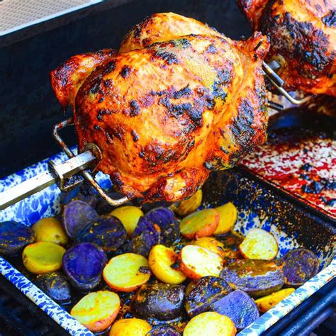 La brasa rotisserie & grill. Remove the marinated chicken and place it in a rotisserie skewer or flat on a baking sheet. Discard the marinade liquid. Bake the chicken for 1 hour at 200°C/390°F or until the temperature of the meat reaches 73°C/163°F. Remove it from the oven and serve with french fries and ají amarillo sauce. 