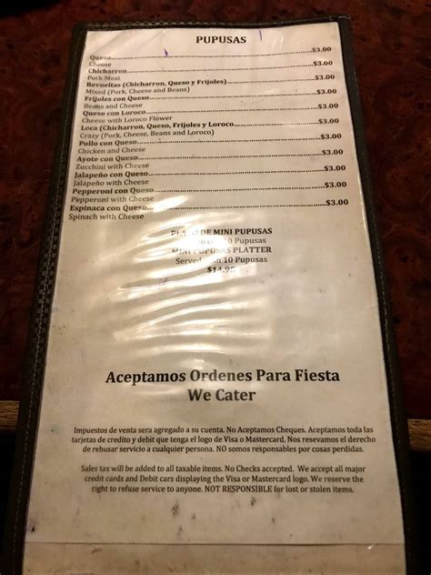La caravana salvadorian restaurant menu. very kind staff and clean restaurant. overall 10/10. 3 pupusa special, 2 pupusas and a dr pepper = $33. Helpful 0. Helpful 1. Thanks 0. ... La Tiendita Colombian Restaurant. 207 $$ Moderate Colombian. Parrilla Los Picos. 200 $$ Moderate Mexican. Los Taco Chefs. 44. Mexican. ... El Salvadorian Restaurant Mesa. Latin American Food Mesa. Mexican ... 