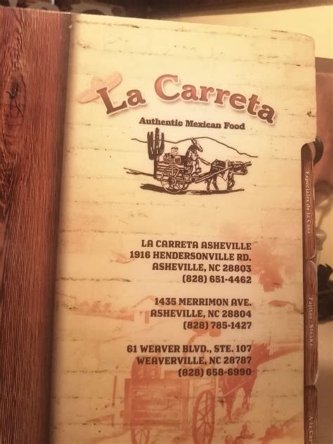 La carreta asheville menu. Welcome to La Carreta Mexican. ... (Click For Menu) 1435 Merrimon Avenue Asheville, NC 28804 (828) 785-1427 (Click For Menu) 61 Weaver Blvd - Ste. B Weaverville, NC 28787 