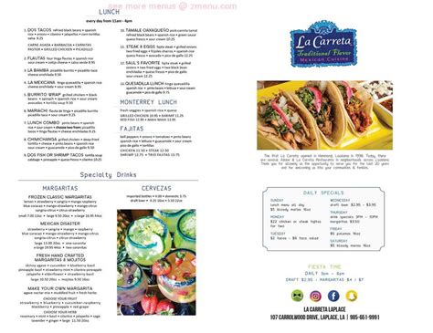 View the menu for La Carreta of Lafayette and restaurants in Lafayette, LA. See restaurant menus, reviews, ratings, phone number, address, hours, photos and maps. Home; ... La Carreta of Lafayette. Review | Favorite | Share Share 18 votes | #33 out of 633 restaurants in Lafayette