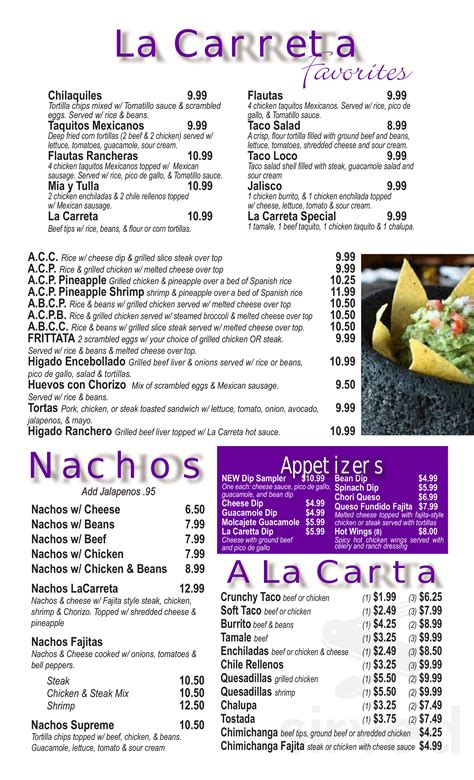 La carreta mexican restaurant sevierville menu. La Carreta Mexican Restaurant is a cozy and authentic spot in Houston, TX, serving delicious dishes like enchiladas, tacos, burritos, and more. Check out the 45 photos and the rave reviews from Yelp users, and don't miss their daily specials and breakfast menu. Open every day, La Carreta Mexican Restaurant is the perfect place to satisfy your cravings for Mexican cuisine. 