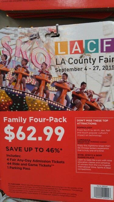 Shop Costco.com for an wide array of gift cards & tickets including restaurant, movie, cash cards, travel adventures, spa, and more! ... 4 Any Day Admission Tickets to LA County Fair 2024; 18 Ride & Game Tickets; Passport to Savings Coupon Book - Includes a Free Weekday Admission Ticket! Open May 3 - 27, 2024. Thursday - Sunday & Memorial Day ....