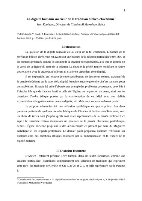 La dignité humaine au coeur de la tradition biblico-chrétienne 1