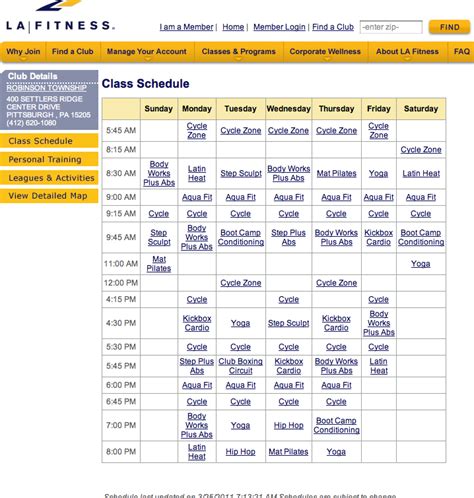 La fitness classes schedule near me. Locate a Class Near You. Founded in Southern California in 1984, LA Fitness continues to seek innovative ways to enhance the physical and emotional well-being of our increasingly diverse membership base. With our wide range of amenities and highly trained staff, we provide fun and effective workout options to family members of all ages and ... 