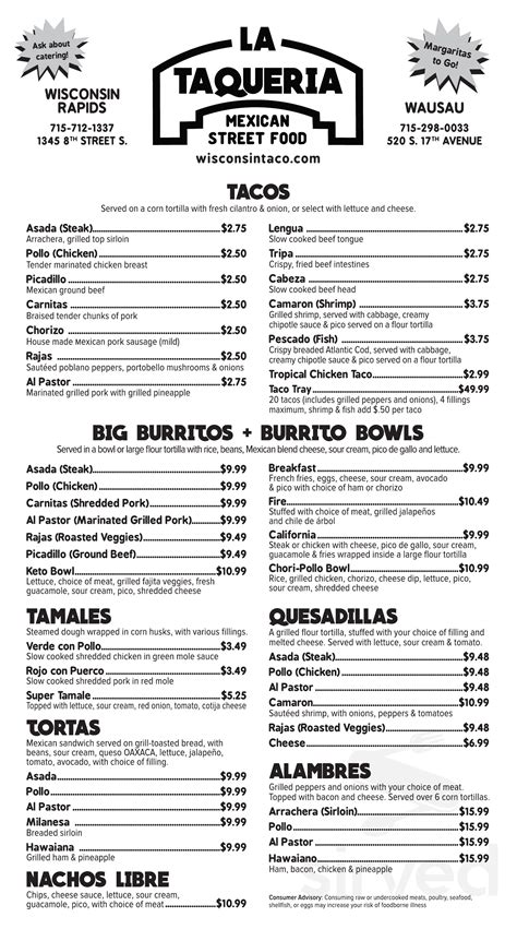 La taqueria wausau. Service: Take out Meal type: Lunch Price per person: $10–20 Food: 5 Service: 5 Atmosphere: 5 Recommended dishes: Taco Plate, Birria, Quesadilla with Meat, Traditional Street Style Taco. All opinions. Order via eatstreet.com. Make a … 