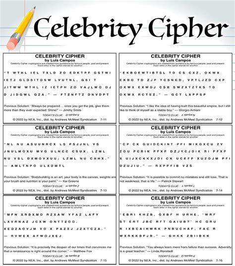 Celebrity Cipher cryptograms are created from quotations by famous people, past and present. Each letter in the cipher stands for another. PUZZLES & GAMES. en-us.. 