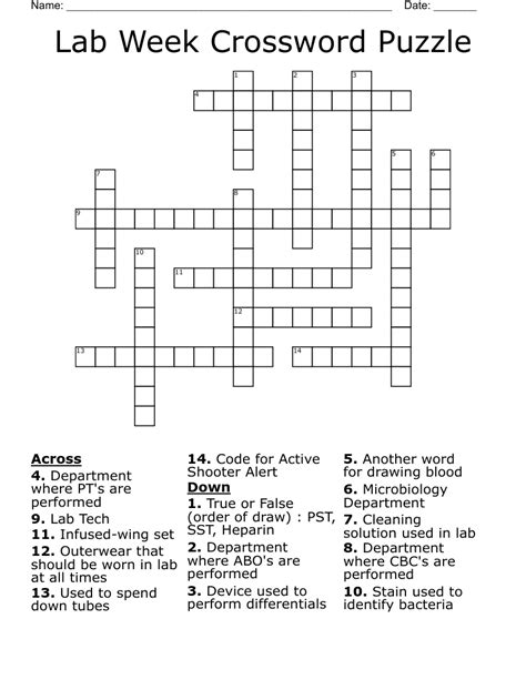 Lab week crossword puzzles. CLSI’s 2023 Lab Week Answer Key www.clsi.org P: +1.610.688.0100 | Toll Free (US): 877.447.1888 | +1.610.688.0700 | F: E: customerservice@clsi.org Down 1. 1969 book written by John Postgate about the role of microorganisms in society was called “_____ And Men.” 2. A microorganism that requires oxygen to live is called an _____? 3. 