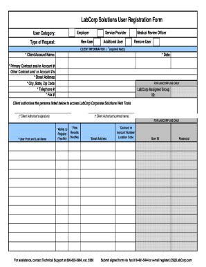 Labcorp solutions user registration form.  Client authorizes the persons listed below to...