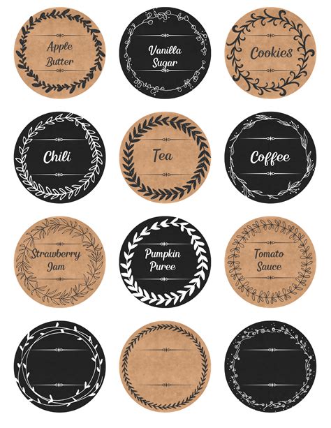 Labels for jars. 2.5″ round chalk art jam labels featuring an array of fruit preserves: (Jams) Grape Strawberry; Jam; Peach; Raspberry; Marmalade…and two butters: Pumpkin & Apple. Source: worldlabel.com. Five sheets for jam tags: Blackberry; Strawberry; Peach, Raspberry, Blueberry. Each has a single piece of representative fruit at the bottom. 