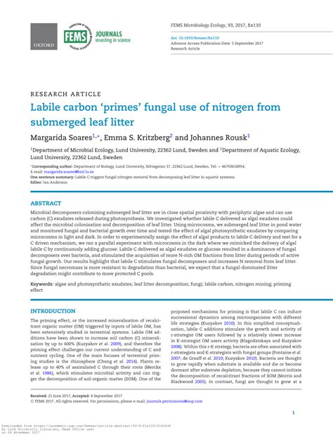 Labile carbon ‘primes’ fungal use of nitrogen from submerged leaf ...