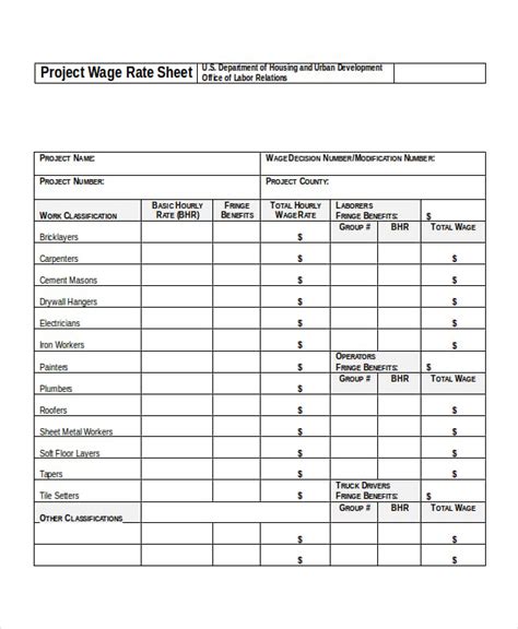 Labor Rate Sheet Template