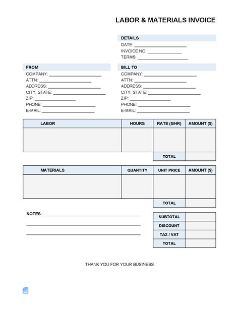 Labor and Materials Invoice Template Invoice Generator
