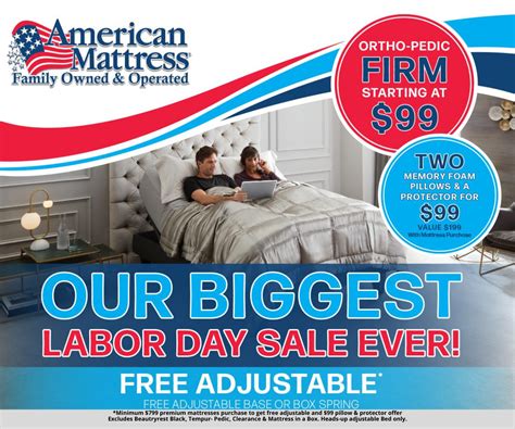 Labor day mattress sales. Sep 5, 2023 · Save 10% on mattresses, pillows and toppers using code LABORDAY, and 30% or up to $1,499 off the Latex Mattress (no code needed) until Sept. 5. Plus, take 20% off adjustable bases, 20% off bedding ... 
