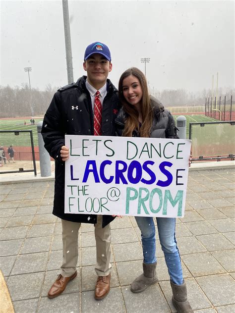5. Lacrosse Prom Proposal. Lacrosse fans will love this idea! Just write "Prom?" on the ground using a lacrosse stick and balls. This unique prom proposal idea will show your prom date that you put some effort into creating a personalized and sporty proposal theme. When she sees that, just ask her to go to prom with you - easy peasy!