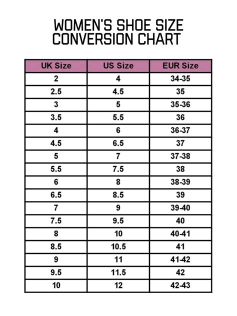 Ladies Shoe Chart Size