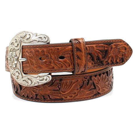 Ladies Western Floral Embossed Genuine Leather Belt With Cross