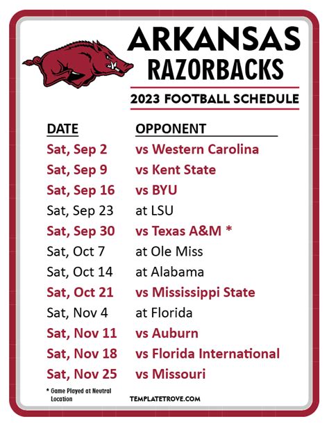The Schedule. The season kicks off with an exhibition match at Kansas on Wednesday, Aug. 10 at 7 p.m. CT, followed by 17 regular season contests. Razorback Field will host nine of those 17 games. The Hogs will open the regular season on the road for the second straight year, facing Saint Louis on Aug. 18. Arkansas will square off against six .... 