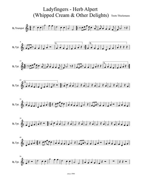 Ladyfingers trumpet sheet music. Download and print in PDF or MIDI free sheet music for Ladyfingers by Herb Alpert arranged by KingCrimson1 for Voice (other) (Brass Duet) 