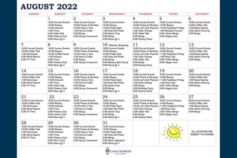 Lake Charles Care Center August Activity Calendar