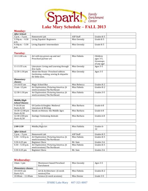 Lake Mary Schedule FALL 2013