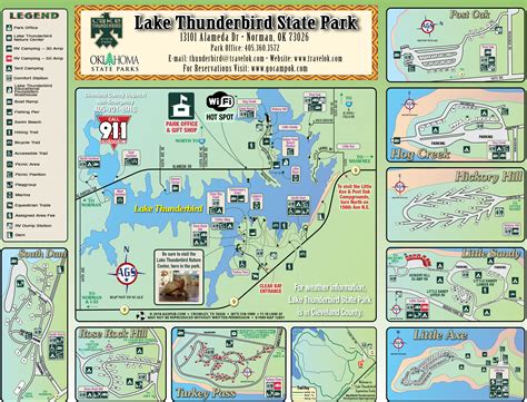 Lake thunderbird state park. Lake Thunderbird State Park offers a variety of water activities and recreation. The park features two marinas (Calypso Cove Marina and Little River Marina), nine boat ramps and two swim beaches. Accommodations include over 200 RV sites with 30 full hookup sites, restroom facilities and primitive campsites. 