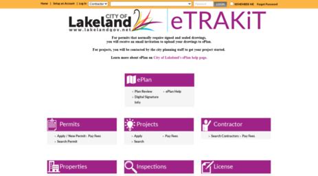 Contractors who would like to utilize this feature may fill out the eTRAKiT User Registration Application (PDF) and submit it to the Building Division counter or mail/e-mail it to the following address: City of Groveland Building Department 6825 SR 50 Groveland, FL 34736. Email Building Department. Services Available Online. 