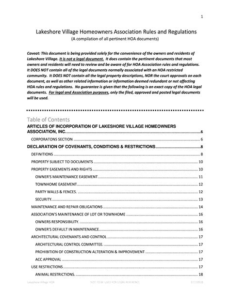 Lakeshore Village Homeowners Association Rules and Regulations