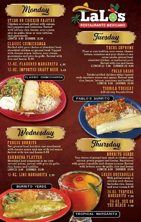 Lalos restaurante mexicano menu. Lalos Mexican Restaurant in Fredericktown, MO, is a Mexican restaurant with average rating of 4.4 stars. See what others have to say about Lalos Mexican Restaurant. This week Lalos Mexican Restaurant will be operating from 11:00 AM to 9:00 PM. Don’t wait until it’s too late or too busy. Call ahead and book your table on (573) 561-2111. 