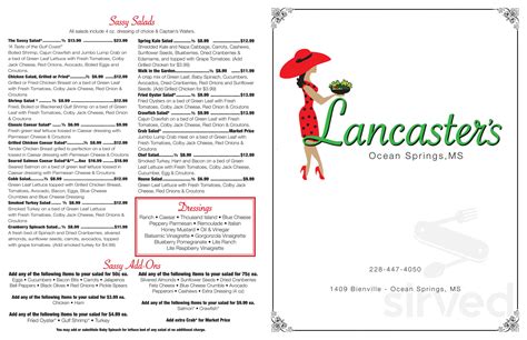 Lancaster (1409 Bienville Blvd, Ocean Springs, ... 1409 Bienville Blvd Ocean Springs MS 39564. Enter your address above to see fees, and delivery + pickup estimates ... Appetizers. Soups & Salads. Burgers & Sandwiches. Wraps & Baskets. Lunch Plates. Dinners. Kid's Menu. Sides. Beverages. Daily Lunch Specials / Monday - Lunch Special. Daily .... 