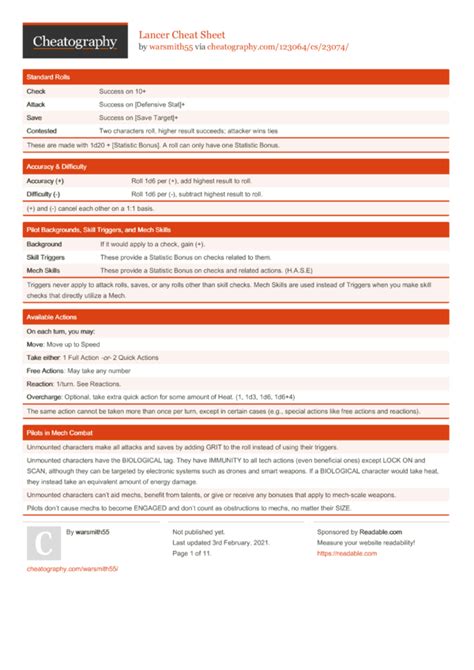 Lancer Cheat Sheet by warsmith55 Download free from Cheatography