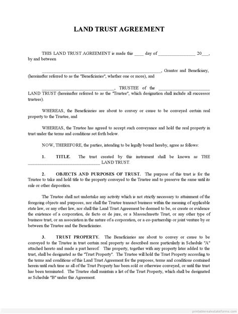 Land trust agreement sample in Word and Pdf formats