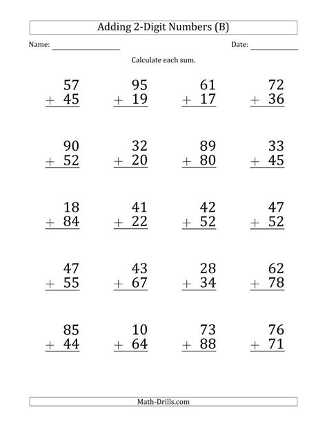 Large Print 2Digit Plus 2Digit Addition with SOME Regrouping (A)