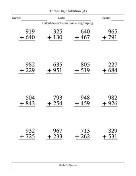 Large Print 3Digit Plus 3Digit Addition with SOME Regrouping (A)
