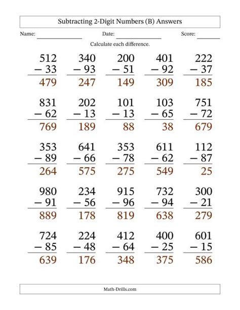 Large Print Subtracting 2Digit Numbers with All Regrouping (All)