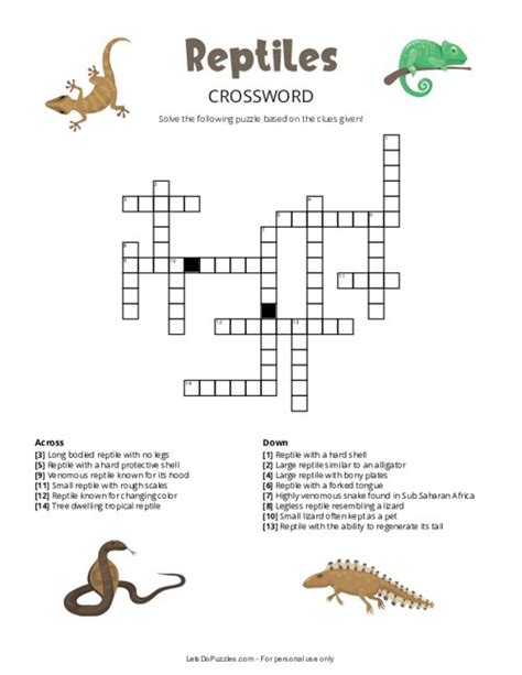 The Crossword Solver found 30 answers to "reptile (8)", 8 letters crossword clue. The Crossword Solver finds answers to classic crosswords and cryptic crossword puzzles. Enter the length or pattern for better results. Click the answer to find similar crossword clues . Enter a Crossword Clue. A clue is required.. 