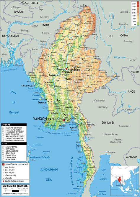 Large size Physical Map of Myanmar - Worldometer