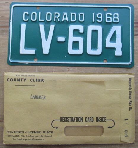 First embossed plate. Serials issued in blocks by county; this practice continued through 1931. ... Awarded "Plate of the Year" for best new license plate of 1975 by the Automobile License Plate Collectors Association, the first and, ... Larimer: 6: LU–MK, FX–FY: FHA–FXT Boulder: 7: ML–NF, FH–FP: MAA–MSZ Mesa: 8: NG–NT: UEJ–ULV. 