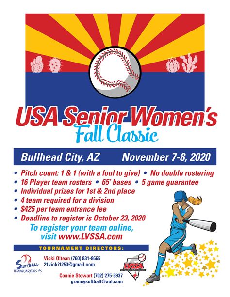 Feb 1, 2022 · The World Championships Return to Las Vegas - Sept. 15 - Oct. 2, 2022. Don’t miss the biggest tournament in Slow-pitch Softball: The World Championships, the Granddaddy of National Senior Championships! The World Championships returns to exciting Las Vegas for the 9th time in 2022 with the largest divisions, free QUALITY Rings, and fair ... . 