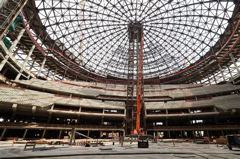 An interior view as construction continues during a tour of the Madison Square Garden Sphere at The Venetian in Las Vegas on Thursday, June 17, 2021. Officials planned a “topping out” ceremony Friday after providing a media tour Thursday inside the domed frame of the venue.. 