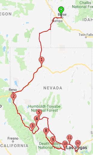 Las vegas to boise. 8:00 am start in Boise. drive for about 2 hours. 9:58 am Twin Falls. stay for about 1 hour. and leave at 10:58 am. drive for about 2 hours. 12:54 pm Wells (Nevada) stay for about 1 hour. and leave at 1:54 pm. 