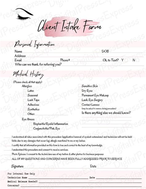 Lash Extension Consent Form and Client Intake Form Lash Etsy